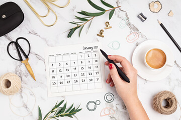 metas, renovação, calendário, mesa, 2021, janeiro, january, café, escritório.