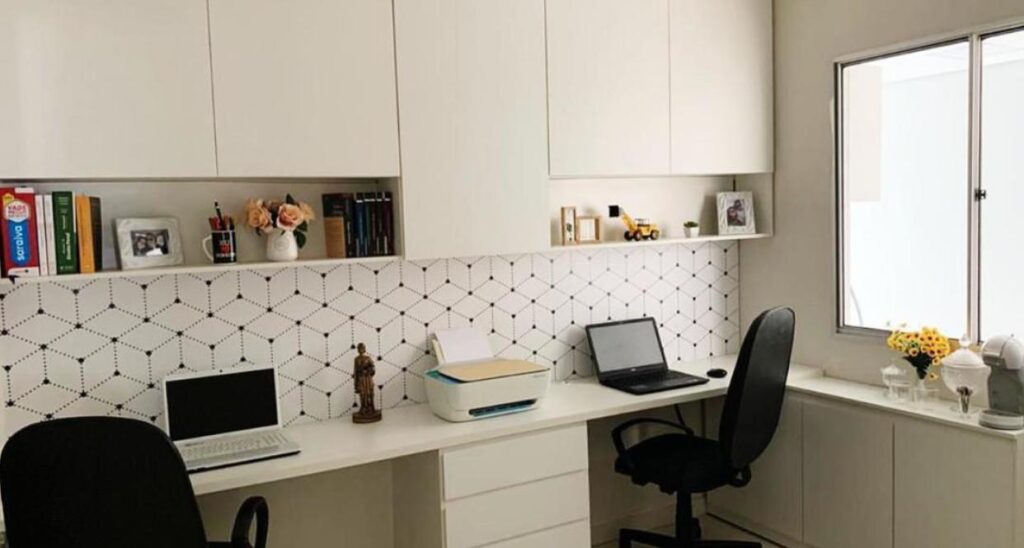 Papel de parede-Decoração Home office-escritório-papel adesivo-Defacile-vibe-conforto-papel geométrico-decorar home office